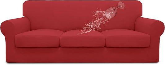Easy-Going 100% Dual Waterproof 4 Pieces Stretch Soft Couch Cover for Dogs, Sofa Slipcover for 3 Separate Cushion Couch Leakproof Furniture Protector for Kids, Pets Christmas Red