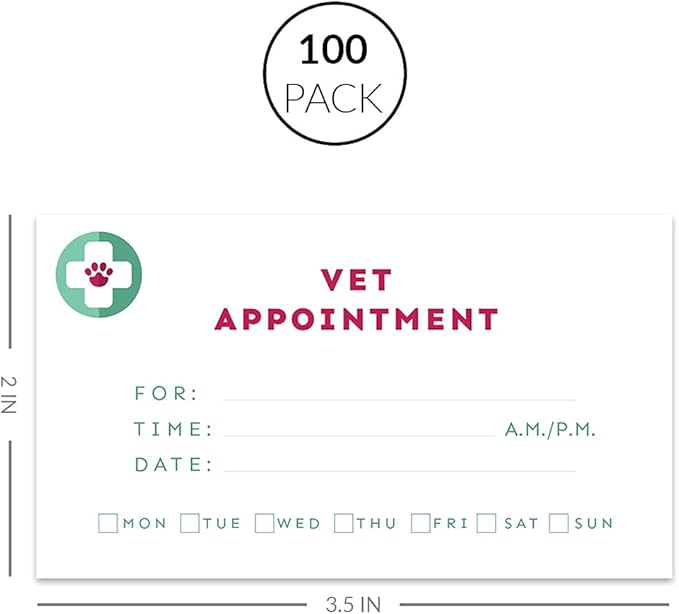 Andaz Press Veterinarian Appointment Business Cards for Vet, Client Reminder, Office, Pet Hospital, Animal Care Center, Animal Health Center, Pet Clinic, Bulk 100 Cards, 2 x 3.5-Inch