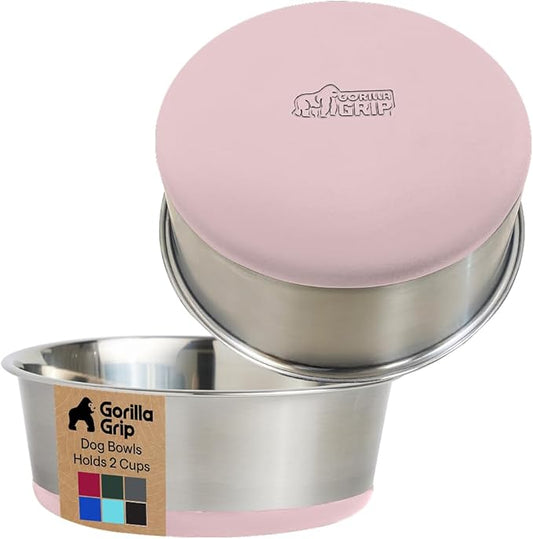 GORILLA GRIP Dog Bowls, Heavy Duty 304 Stainless Steel, Holds 2 Cups Each (16 fl oz) Food and Water Bowl for Feeding Dogs and Cats, Dishwasher Safe, Rust Resistant, BPA Free Rubber Base Set of 2 Pink