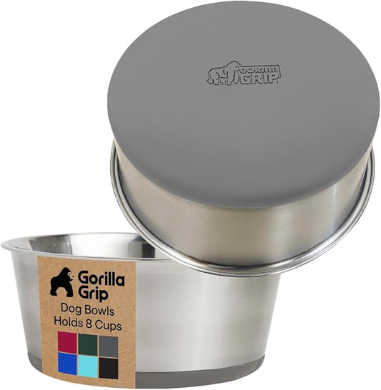 GORILLA GRIP Dog Bowls, Heavy Duty 304 Stainless Steel, Holds 8 Cups Each (64 fl oz) Food and Water Bowl for Feeding Dogs and Cats, Dishwasher Safe, Rust Resistant, BPA Free Rubber Base Set of 2 Gray