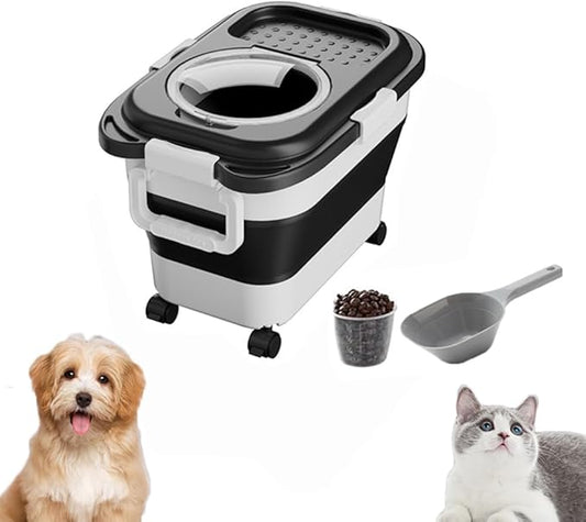 Airtight Dog Food Storage Container, Collapsible Pet Food Container with Casters, Scoop and Cup - Keeps Up to 20 Lbs and Large Capacity