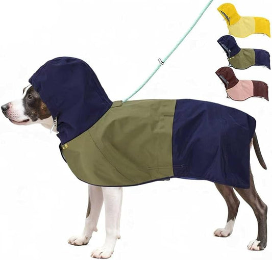 Waterproof Dog Raincoat with Hood, Extended Coverage Rain Jacket for Large Dogs, Wind-Resistant Secure Fit with Leg Straps, Reflective, Leash Hole, Easy Hook & Loop Fastener On/Off, Blue, XL