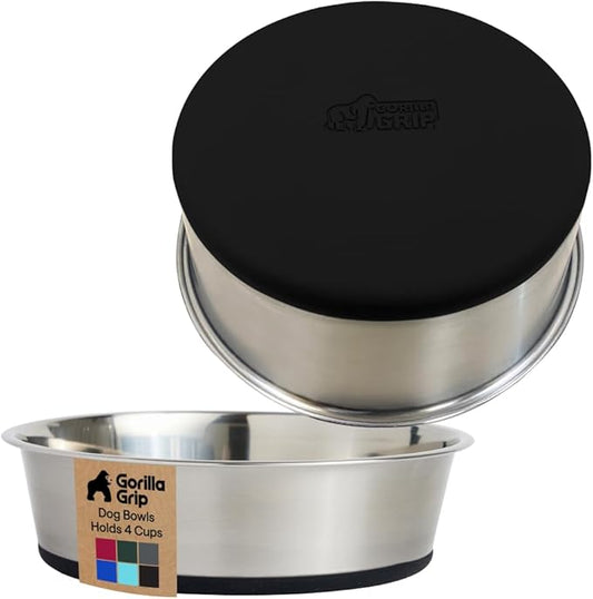 GORILLA GRIP Dog Bowls, Heavy Duty 304 Stainless Steel, Holds 4 Cups Each (32 fl oz) Food and Water Bowl for Feeding Dogs and Cats, Dishwasher Safe, Rust Resistant, BPA Free Rubber Base Set of 2 Black