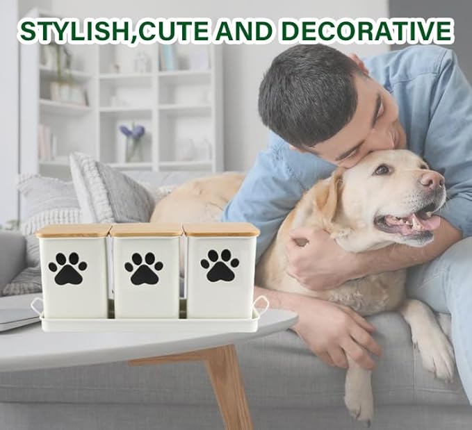Set of 3 Metal Dog Treat Jars,60oz Airtight Dog Treat Container with Bamboo Lids,Cat Treat Canister,Puppy Cookie Container for Kitchen Counter,Coated Galvanized Steel-White