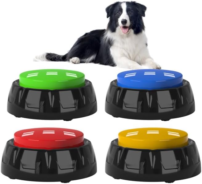 Voice Recording Button, Dog Buttons for Communication Pet Training Buzzer, 30 Second Record & Playback, Dog Talking Buttons Set 4 Pack with Stickers