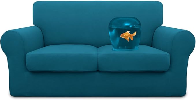 Easy-Going 100% Dual Waterproof 3 Pieces Loveseat Cover Stretch Soft Couch Cover for Dogs, Sofa Slipcover for 2 Separate Cushion Couch Leakproof Furniture Protector for Kids, Pets Peacock Blue
