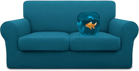 Easy-Going 100% Dual Waterproof 3 Pieces Loveseat Cover Stretch Soft Couch Cover for Dogs, Sofa Slipcover for 2 Separate Cushion Couch Leakproof Furniture Protector for Kids, Pets Peacock Blue