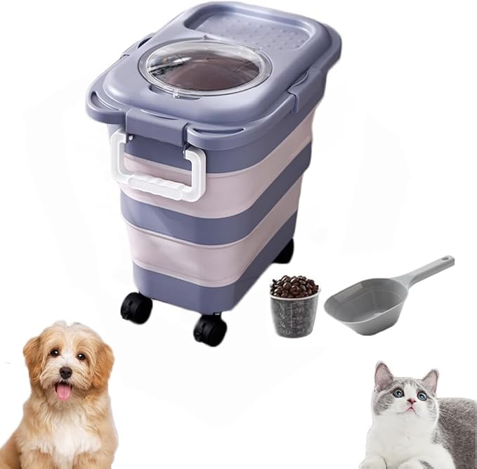 Airtight Dog Food Storage Container, Collapsible Pet Food Container with Casters, Scoop and Cup - Keeps Up to 25 Lbs and Large Capacity