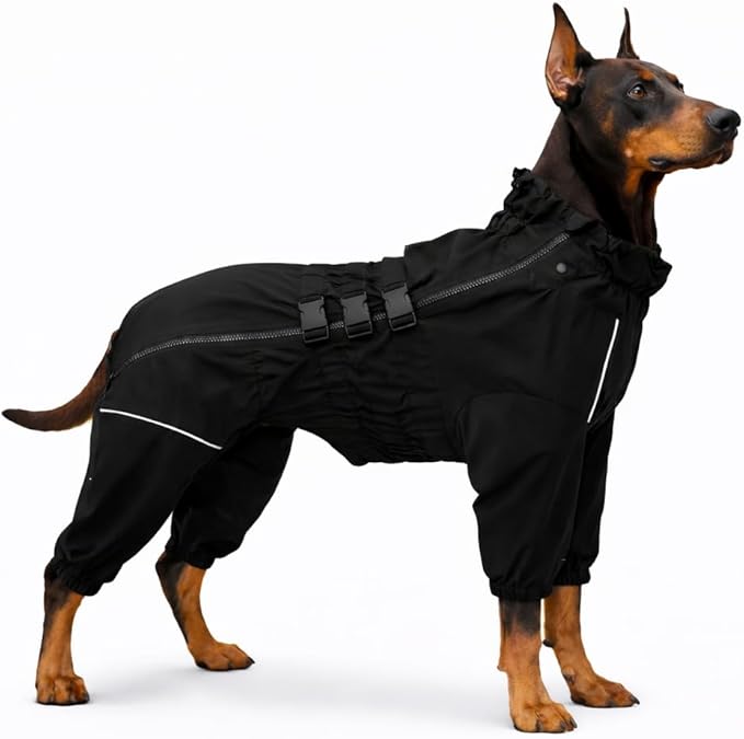 Lovelonglong Waterproof Dog Raincoat – 4-Leg Full Body Dog Rain Suit with Reflective Strips & Leash Opening, Outdoor Dog Jacket for Rainy Weather