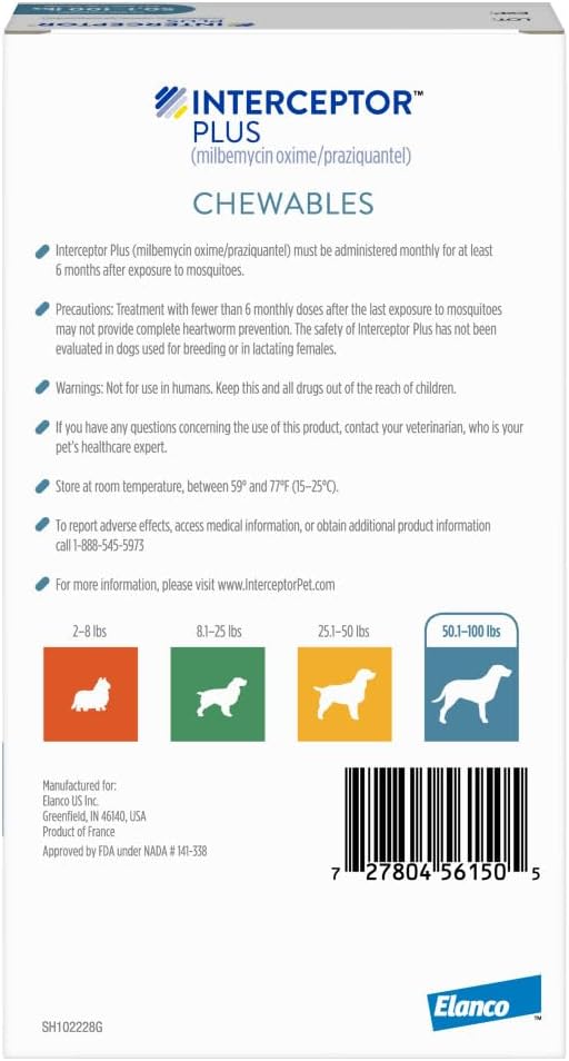 Interceptor Plus Prevention for Heartworm + 4 Other Worms for Dogs 50.1-100 lbs. | 12 Chews, 12-Month Supply