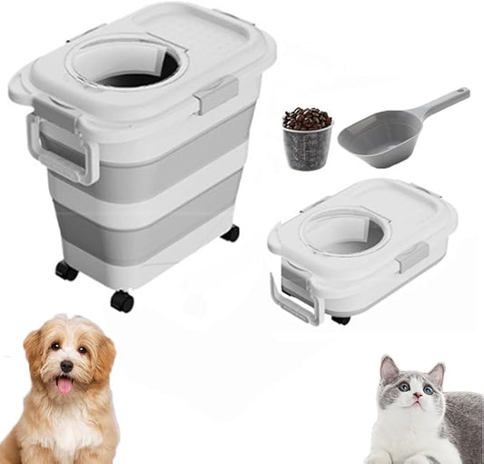 Airtight Dog Food Storage Container, Collapsible Pet Food Container with Casters, Scoop and Cup - Keeps Up to 25 Lbs and Large Capacity