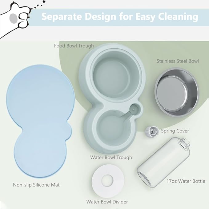 Dog Bowls, Puppy Cat Food and Water Bowl Set with Water Dispenser and Stainless Steel Bowl Non-Slip Mat, Detachable Gravity Pet Feeder and Waterer Set for Cats Dogs Puppy Rabbit (Grey)