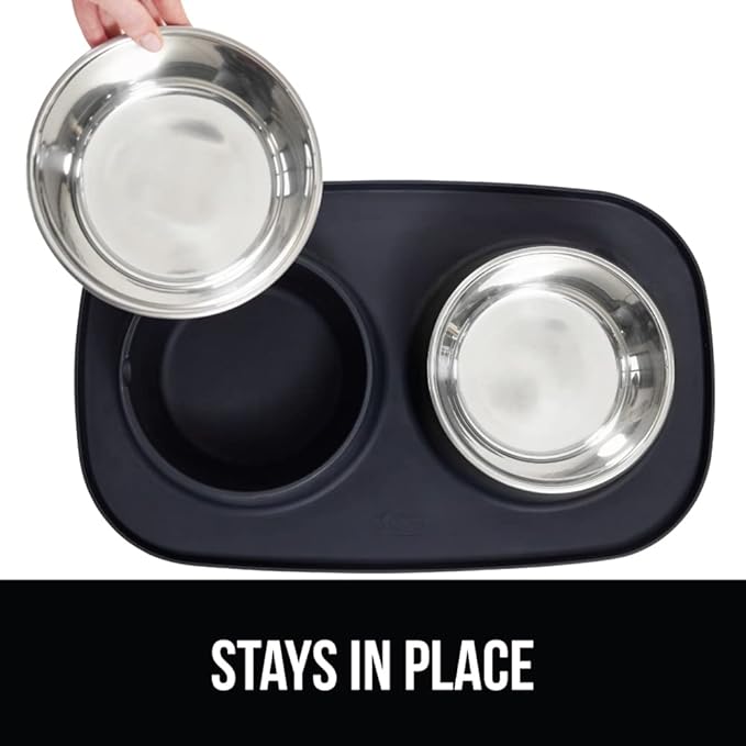 GORILLA GRIP Feeding Mat Bowl Set, 100% Waterproof BPA Free Silicone Base, 304 Stainless Steel Cat and Dog Bowls for Food and Water, Slip Resistant, High Edge, US Designed, Patent Pending, 2 Cup Black