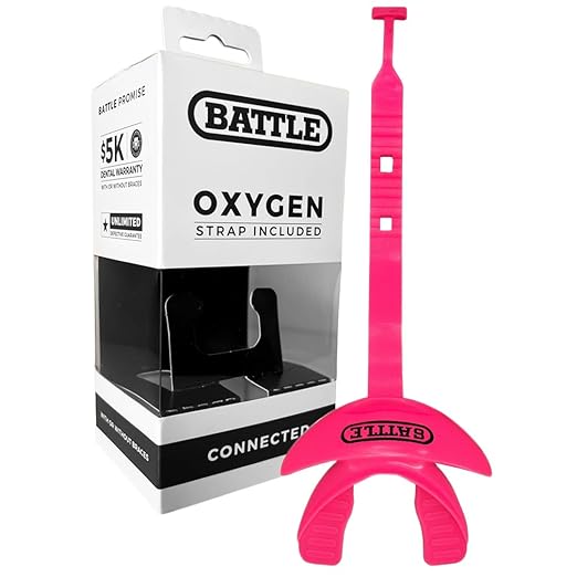 Battle Oxygen Lip Protector Mouth Guard with Connected Strap, Football and Sports Gear, Maximum Oxygen Supply, Mouthpiece Fits With or Without Braces - One Size, Pink