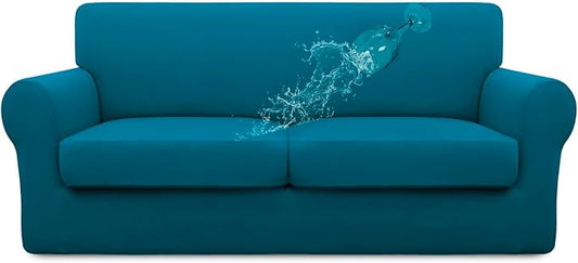 Easy-Going 100% Dual Waterproof 3 Pieces Oversized Loveseat Cover Stretch Soft Couch Cover for Dogs, Sofa Slipcover for 2 Separate Cushion Couch Leakproof Furniture Protector Peacock Blue