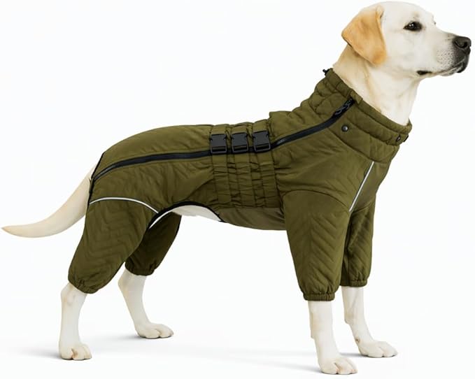 Warm Dog Coat Double Layers Dog Vest, 4 Legs Covered Windproof Waterproof Reflective, Olive XS