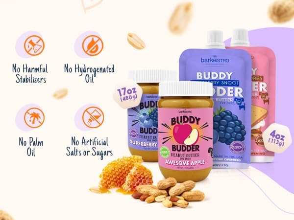 BUDDY BUDDER Bark Bistro Company, Superberry Snoot + Pumpkin Pup, Natural Dog Peanut Butter, Dog Treat, Made in USA (Set of 2, 17oz Jars)