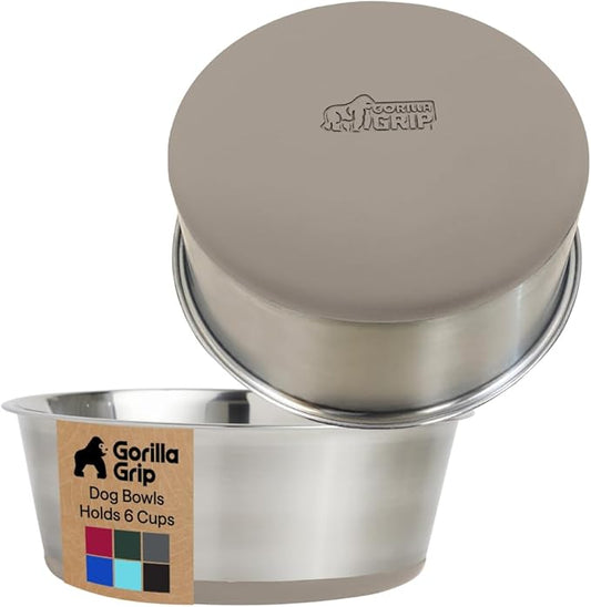GORILLA GRIP Dog Bowls, Heavy Duty 304 Stainless Steel, Holds 6 Cups Each (48 fl oz) Food and Water Bowl for Feeding Dogs and Cats, Dishwasher Safe, Rust Resistant, BPA Free Rubber Base Set of 2 Beige