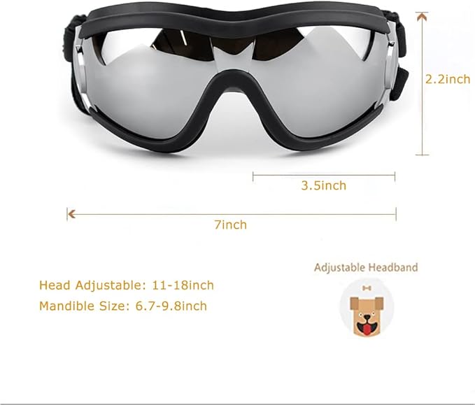 UV Protection Dog Goggles for Medium & Large Dogs - Waterproof Windproof Sunglasses, Durable Protective Eyewear for Long-Snout Breeds - Outdoor Hiking Running Glasses (Silver)