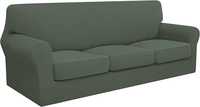 Easy-Going 100% Dual Waterproof 4 Pieces Oversized Cover Stretch Soft Couch Cover for Dogs, Sofa Slipcover for 3 Separate Cushion Couch Leakproof Furniture Protector for Kids, Pets Grayish Green