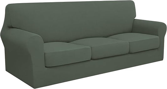 Easy-Going 100% Dual Waterproof 4 Pieces Oversized Cover Stretch Soft Couch Cover for Dogs, Sofa Slipcover for 3 Separate Cushion Couch Leakproof Furniture Protector for Kids, Pets Grayish Green