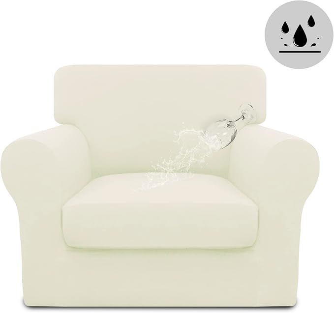 Easy-Going 100% Dual Waterproof 2 Pieces Chair Cover Stretch Soft Couch Cover for Dogs, Sofa Slipcover for 1 Separate Cushion Couch Leakproof Furniture Protector for Kids, Pets Ivory