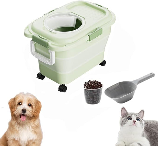 Airtight Dog Food Storage Container, Collapsible Pet Food Container with Casters, Scoop and Cup - Keeps Up to 20 Lbs and Large Capacity
