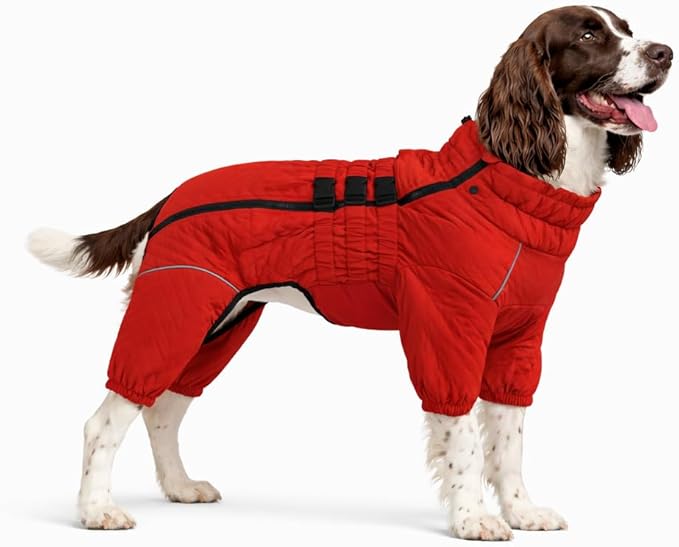 Warm Dog Coat Double Layers Dog Vest, 4 Legs Covered Windproof Waterproof Reflective Warm Dog Vest Outdoor Skating Dog Costume for Small Medium Large Dogs Red XL