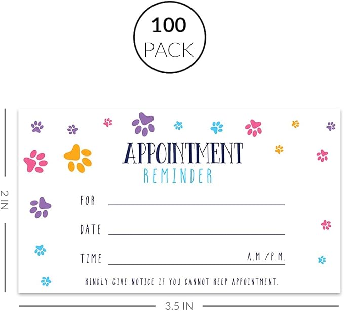 Andaz Press Colorful Paw Print Appointment Business Cards for Dog Grooming, Dog Spa, Client Reminder, Vet Office, Dog Walking, Dog Boarding, Pet Sitting, Pet Care, Dog Training, 100-Pack, 2 x 3.5-Inch