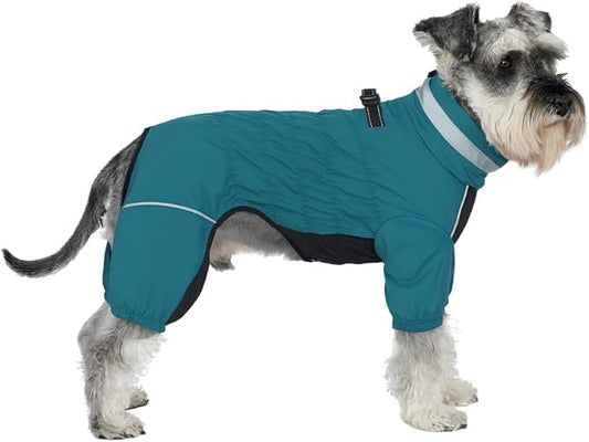 Winter Waterproof Dog Snowsuit – Full Body Outdoor Jacket with Leash Ring, Fleece Lining, Windproof Reflective 4-Leg Dog Coat for Small to Large Dogs Teal Blue XS