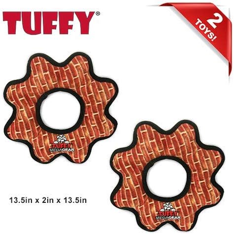 TUFFY - World's Tuffest Soft Dog Toy - MEGA -Multiple Layers. Made Durable, Strong & Tough. Interactive Play (Tug, Toss & Fetch). Machine Washable & Floats (Gear Ring Brick, Large 2 Pack)