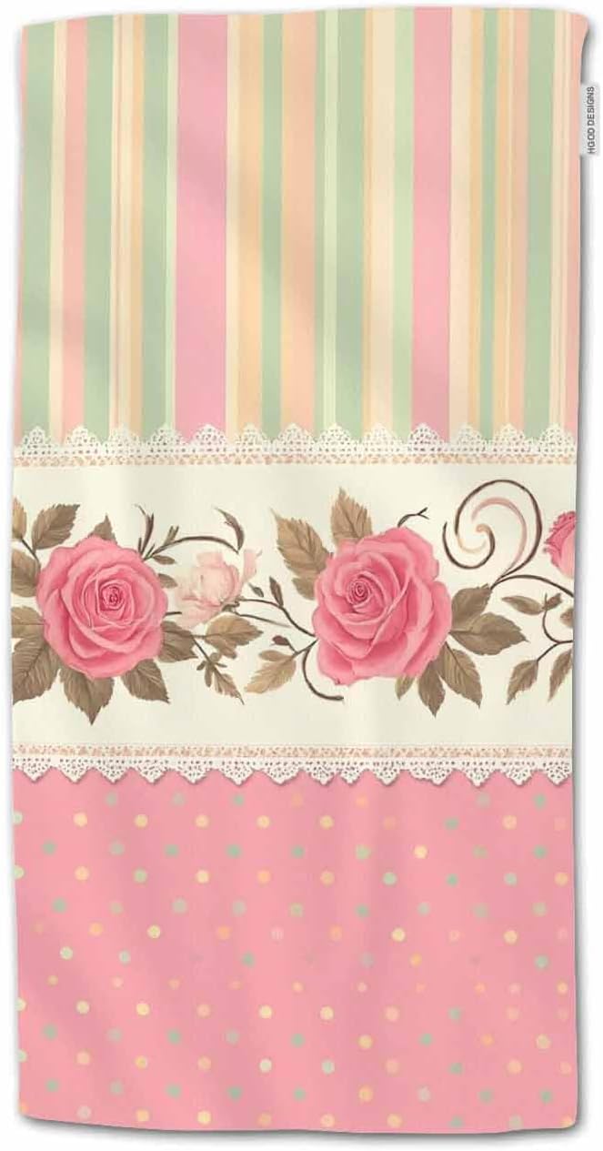HGOD DESIGNS Flower Hand Towels Valentine Series Vintage Pink Rose Blossom Floral with Polka Dots Soft Hand Towel for Bathroom Kitchen Yoga Gym Decorative Towels 15"X30"