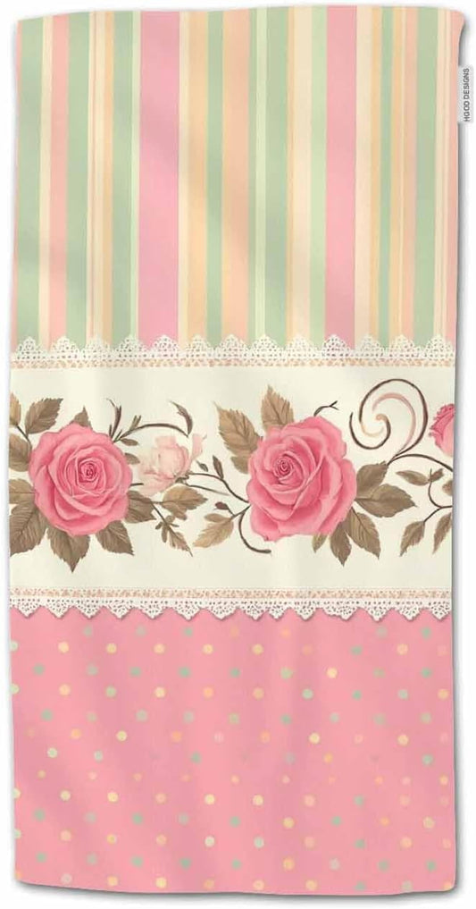 HGOD DESIGNS Flower Hand Towels Valentine Series Vintage Pink Rose Blossom Floral with Polka Dots Soft Hand Towel for Bathroom Kitchen Yoga Gym Decorative Towels 15"X30"