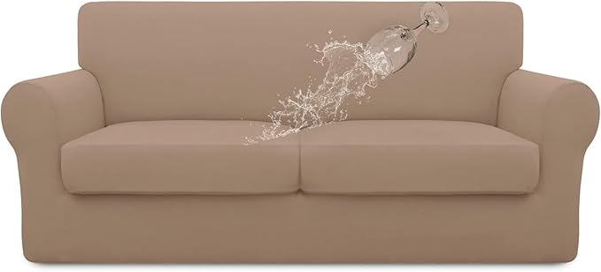 Easy-Going 100% Dual Waterproof 3 Pieces Oversized Loveseat Cover Stretch Soft Couch Cover for Dogs, Sofa Slipcover for 2 Separate Cushion Couch Leakproof Furniture Protector for Kids, Pets Camel