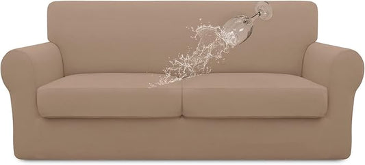 Easy-Going 100% Dual Waterproof 3 Pieces Oversized Loveseat Cover Stretch Soft Couch Cover for Dogs, Sofa Slipcover for 2 Separate Cushion Couch Leakproof Furniture Protector for Kids, Pets Camel