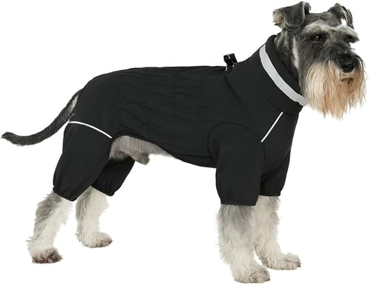 Winter Waterproof Dog Snowsuit – Full Body Outdoor Jacket with Leash Ring, Fleece Lining, Windproof Reflective 4-Leg Dog Coat for Small to Large Dogs Black S