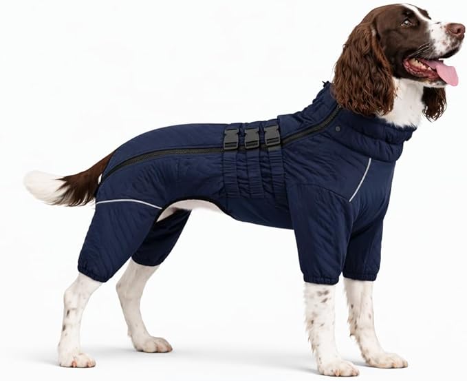 Warm Dog Coat Double Layers Dog Vest, 4 Legs Covered Windproof Waterproof Reflective, Navy Blue, Small to Large