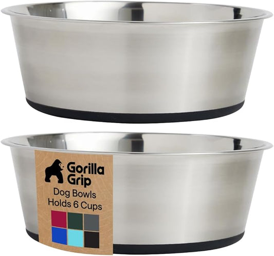 GORILLA GRIP Dog Bowls, Heavy Duty 304 Stainless Steel, Holds 6 Cups Each (48 fl oz) Food and Water Bowl for Feeding Dogs and Cats, Dishwasher Safe, Rust Resistant, BPA Free Rubber Base Set of 2 Black