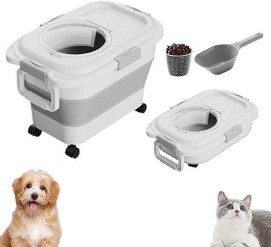 Airtight Dog Food Storage Container, Collapsible Pet Food Container with Casters, Scoop and Cup - Keeps Up to 20 Lbs and Large Capacity