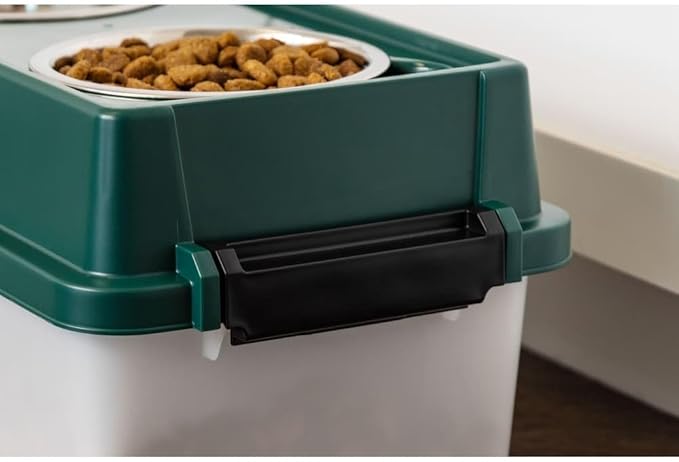 IRIS Remington 13 Lb /12 Qt Medium Elevated Feeder with Airtight Pet Food Storage Container, Dry Food Bin with Removable Stainless Steel Bowls, At Home Camping Roadtrip Pet Food Container, Green