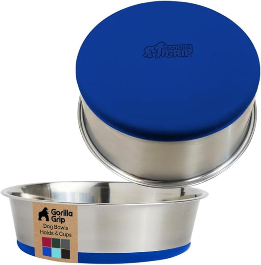 GORILLA GRIP Dog Bowls, Heavy Duty 304 Stainless Steel, Holds 4 Cups Each (32 fl oz) Food and Water Bowl for Feeding Dogs and Cats, Dishwasher Safe, Rust Resistant, BPA Free Rubber Base Set of 2 Blue