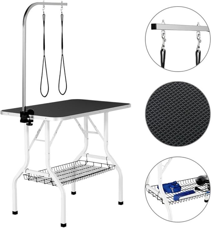 Yaheetech 36'' Dog Grooming Table, Pet Foldable Grooming Table w/Double Loops/Mesh Tray/Adjustable Arm, Black