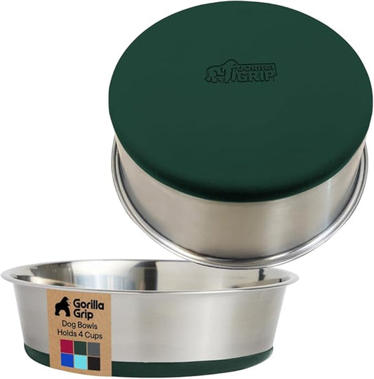 GORILLA GRIP Dog Bowls, Heavy Duty 304 Stainless Steel, Holds 4 Cups Each (32 fl oz) Food and Water Bowl for Feeding Dogs and Cats, Dishwasher Safe, Rust Resistant, BPA Free Rubber Base Set of 2 Green