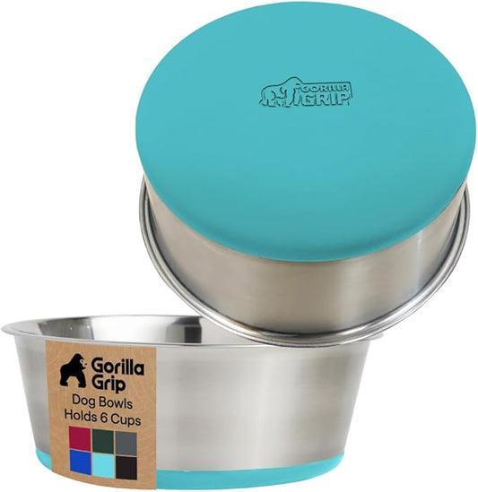 GORILLA GRIP Dog Bowls, Heavy Duty 304 Stainless Steel Holds 6 Cups Each (48 fl oz) Food and Water Bowl for Feeding Dogs and Cats Dishwasher Safe Rust Resistant BPA Free Rubber Base Set of 2 Turquoise