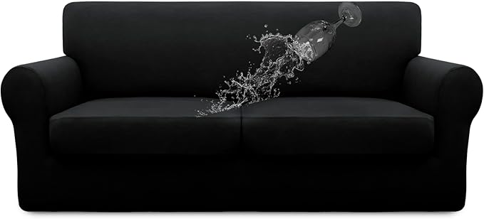 Easy-Going 100% Dual Waterproof 3 Pieces Oversized Loveseat Cover Stretch Soft Couch Cover for Dogs, Sofa Slipcover for 2 Separate Cushion Couch Leakproof Furniture Protector for Kids, Pets Black
