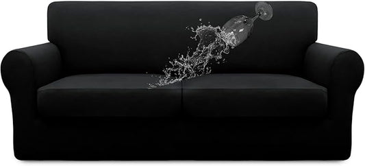 Easy-Going 100% Dual Waterproof 3 Pieces Oversized Loveseat Cover Stretch Soft Couch Cover for Dogs, Sofa Slipcover for 2 Separate Cushion Couch Leakproof Furniture Protector for Kids, Pets Black