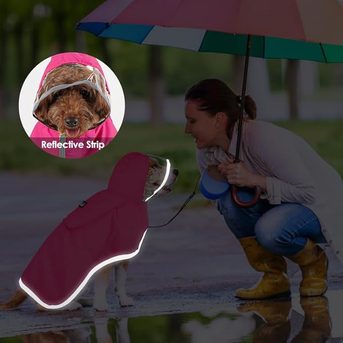 SlowTon Dog Raincoat, Adjustable Dog Rain Jacket Clear Hooded Double Layer, Waterproof Poncho with Reflective Strip Straps and Storage Pocket for Small Medium Large Dogs Puppies(FU XS)