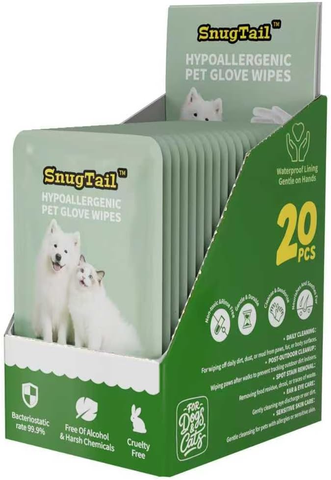 Pet Wipes, Pet Glove Wipes for Dogs & Cats,Shedding Control, Dander Removal & Paw Cleaning, Travel Essentials for Pets(20 Individual Pack)