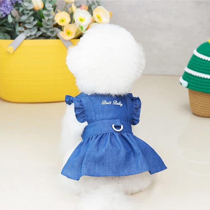 ANIAC Dog Denim Dresses for Small Medium Dogs Puppy Girl Clothes with Leash Ring Summer Cat Apparel with D-Ring Pet Dog Walking Harness Dress(Blue-2, Small)