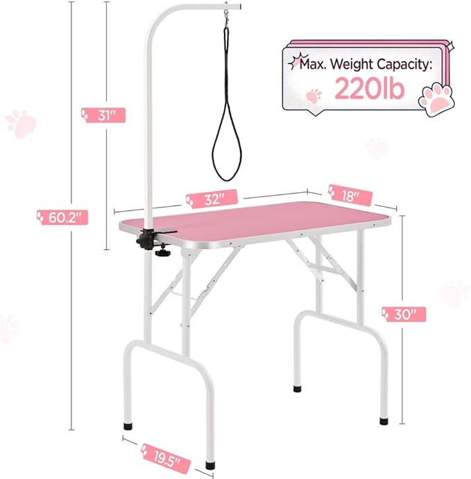 Yaheetech 32-inch Foldable Pet Dog Grooming Table w/Adjustable Height Arm - Drying Table for Home w/Noose for Small Dogs Cats, Maximum Capacity Up to 220lbs, Pink